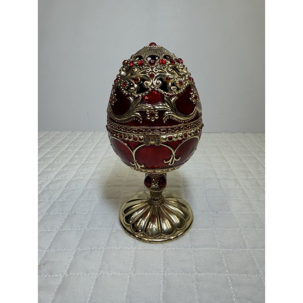 Red Jeweled Egg Music Box Hinged Trinket Box Rotating Ring Holder Enamel - Picture 4 of 11